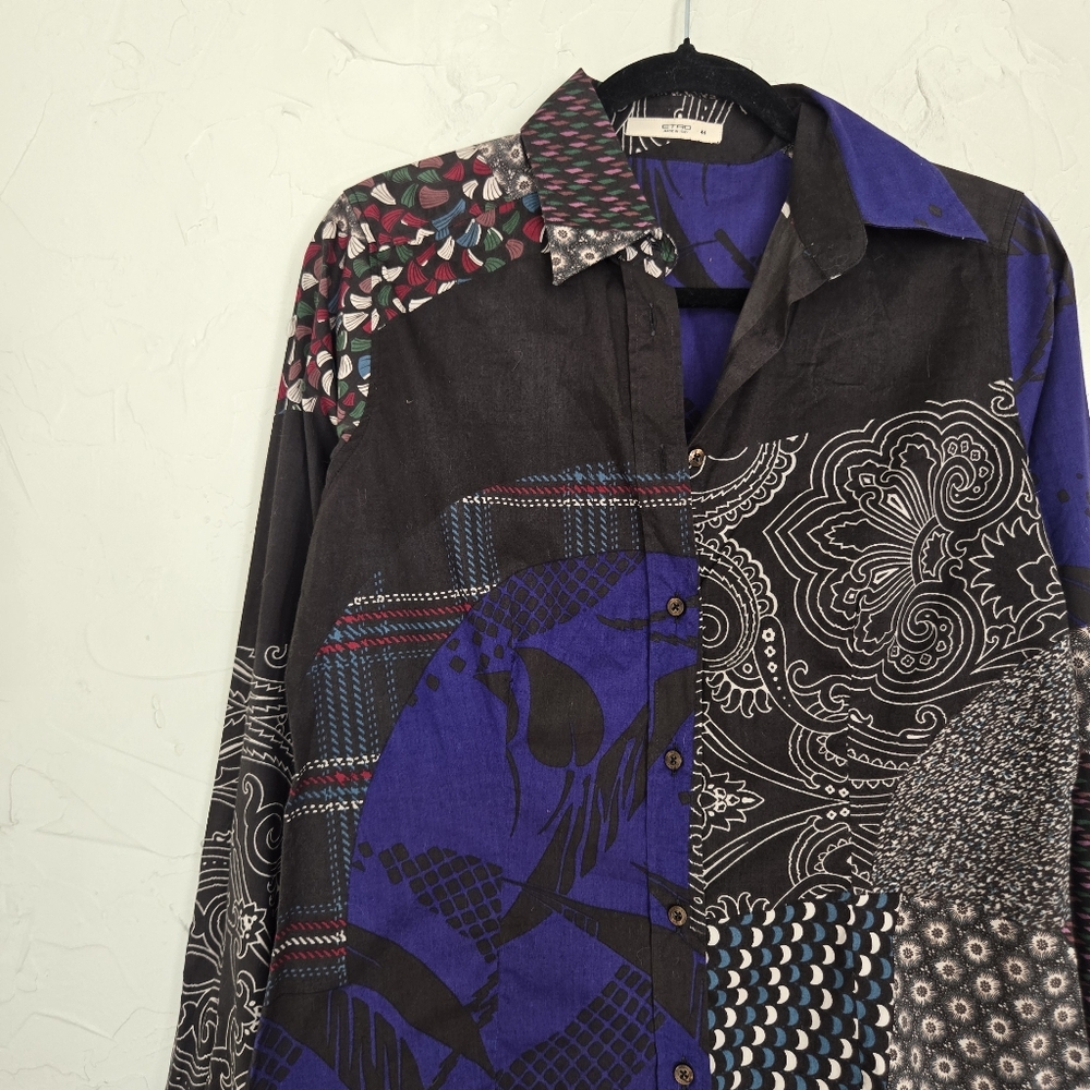 Etro Patterned Indigo Black Patchwork Button Up T… - image 2